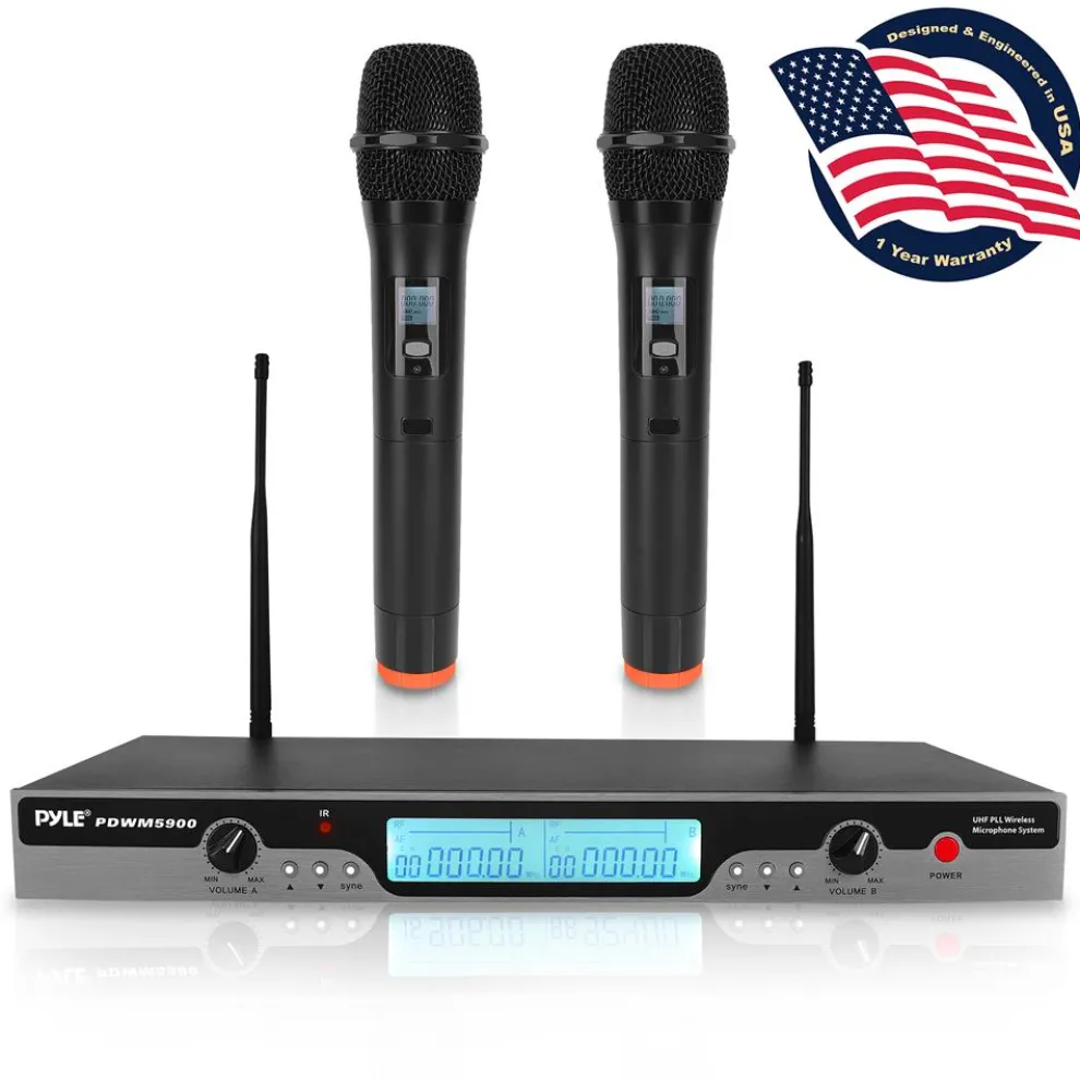 Dual UHF Wireless Microphone System 200' Range LCD Display Rack Mountable