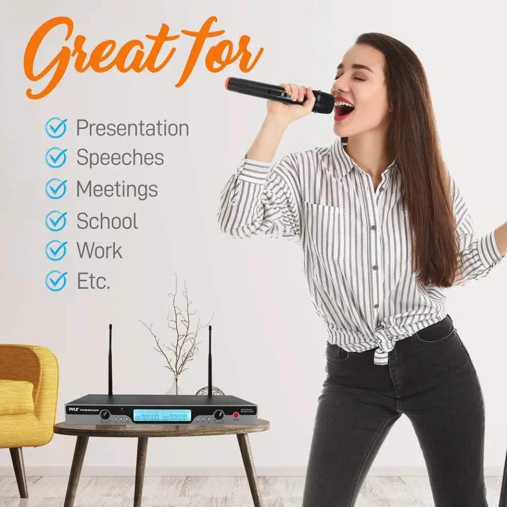 Dual UHF Wireless Microphone System 200' Range LCD Display Rack Mountable