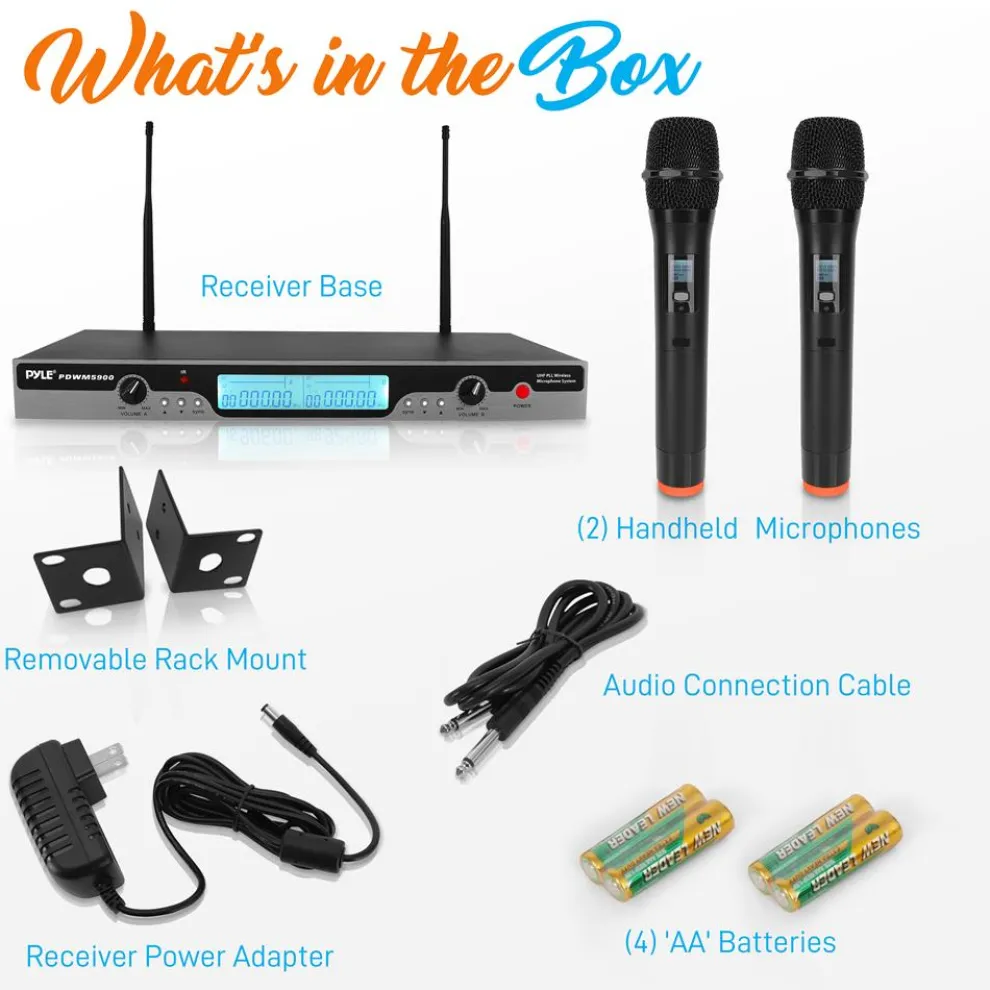 Dual UHF Wireless Microphone System 200' Range LCD Display Rack Mountable