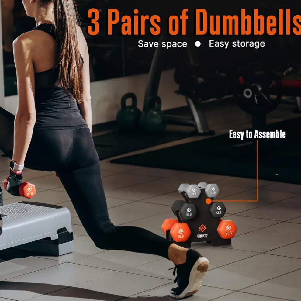 Dumbbell Set with Stand, Anti-Slip Neoprene Coated, Gray/Black/Orange