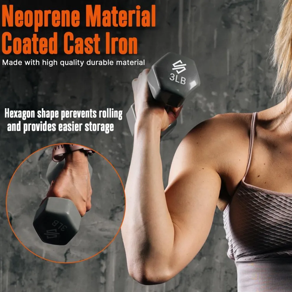 Dumbbell Set with Stand, Anti-Slip Neoprene Coated, Gray/Black/Orange