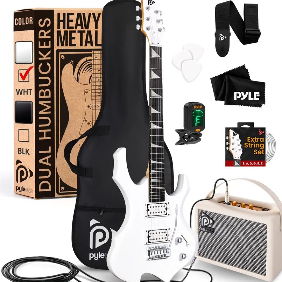 Electric Guitar Kit w/ Amp, Easy Play, Solid Wood, White Matte