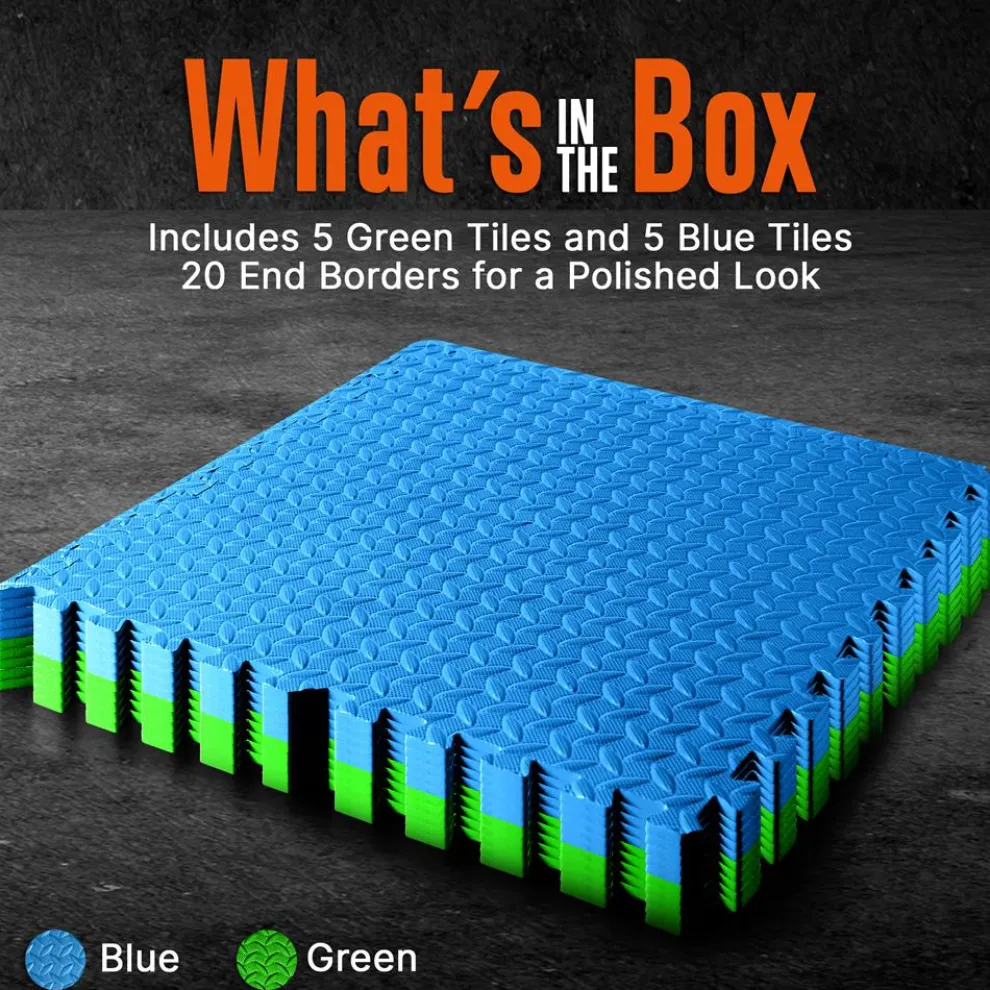 Exercise Mat 10 Pcs, Cushioned EVA Foam, Non-Skid, Blue/Green