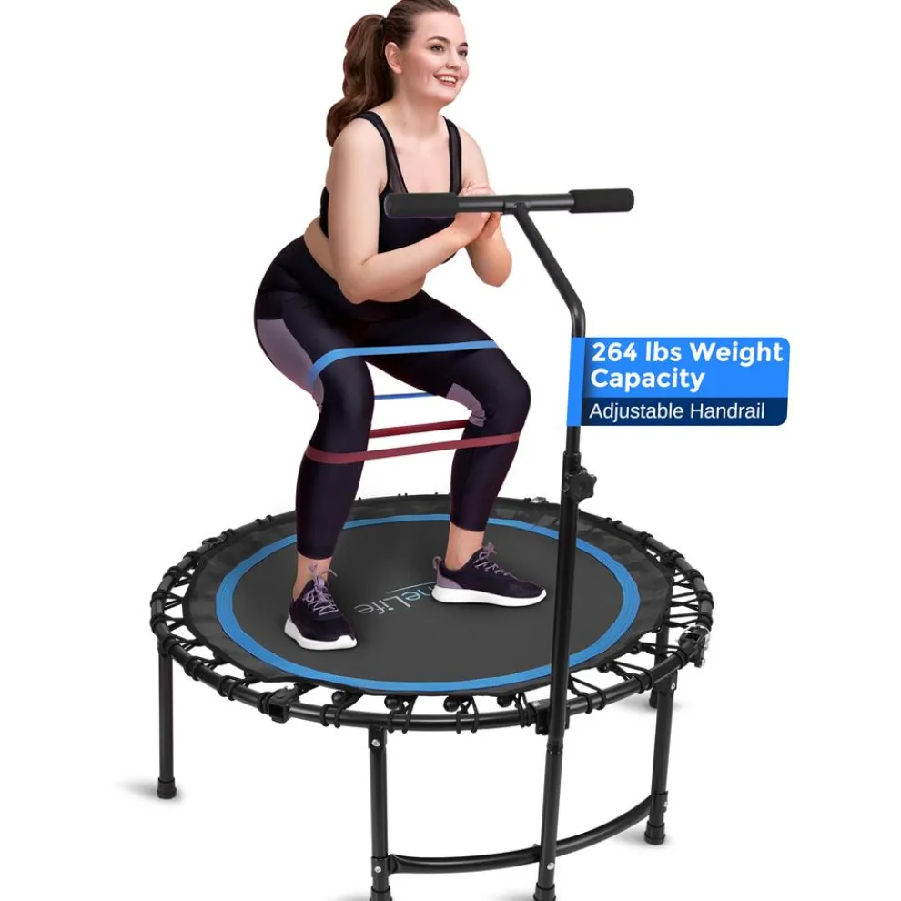 Foldable Mini Trampoline, Aerobic Fitness, Adjustable Handrail, 264 lbs Capacity