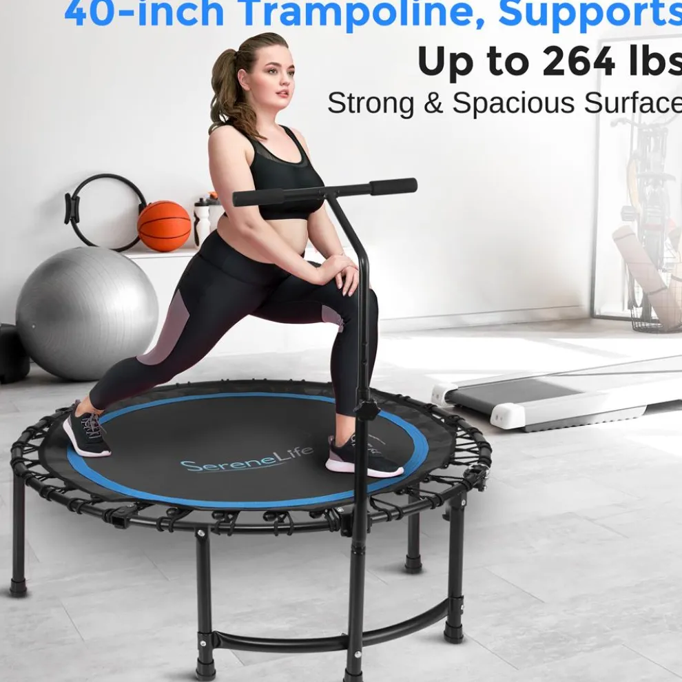 Foldable Mini Trampoline, Aerobic Fitness, Adjustable Handrail, 264 lbs Capacity