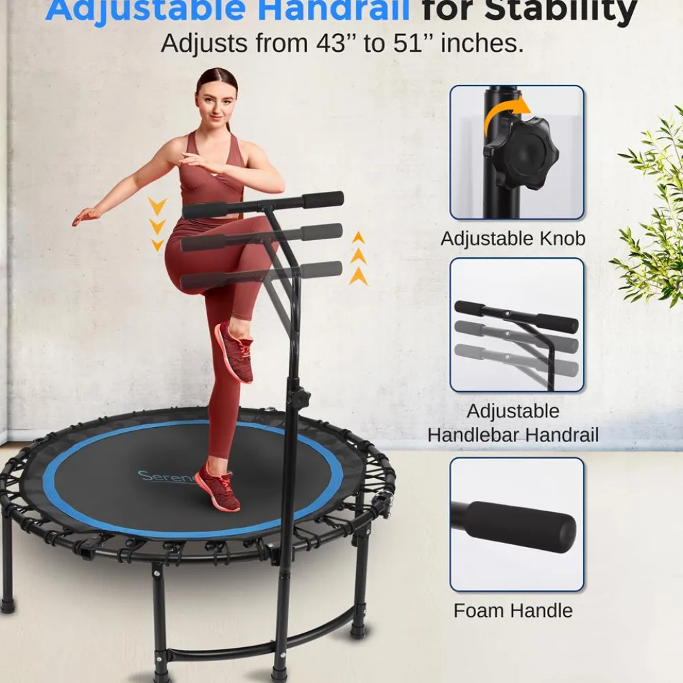 Foldable Mini Trampoline, Aerobic Fitness, Adjustable Handrail, 264 lbs Capacity