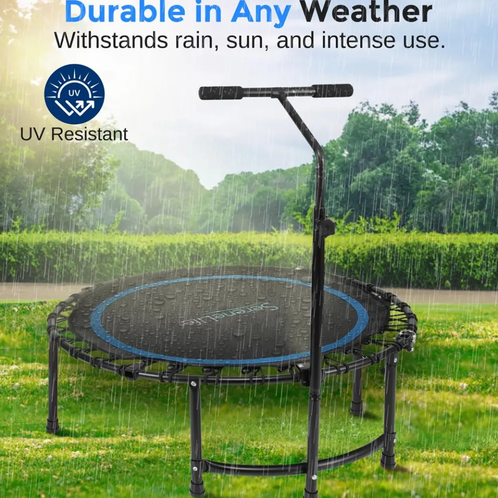 Foldable Mini Trampoline, Aerobic Fitness, Adjustable Handrail, 264 lbs Capacity
