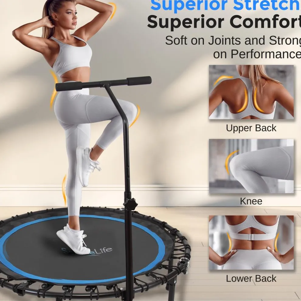 Foldable Mini Trampoline, Aerobic Fitness, Adjustable Handrail, 264 lbs Capacity