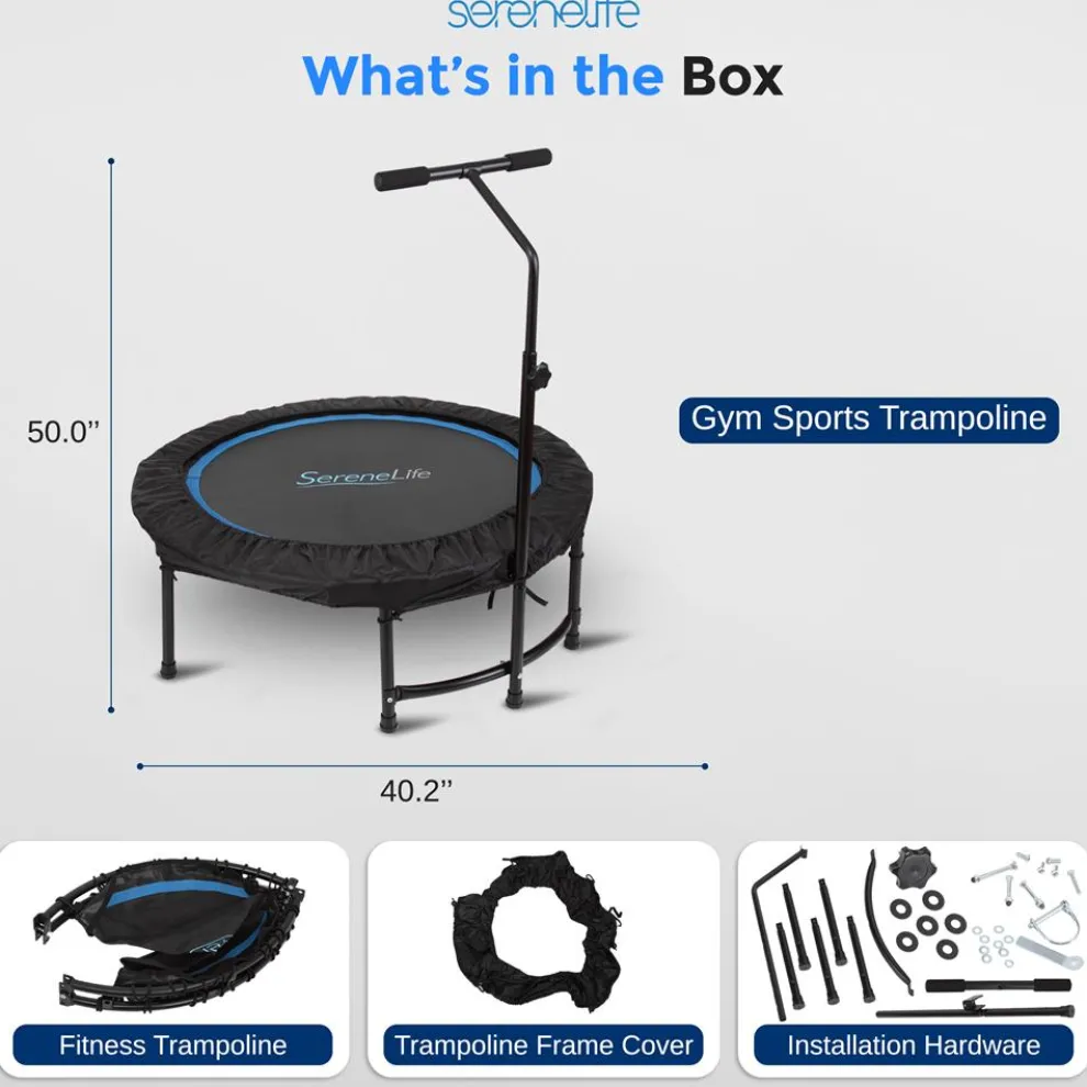 Foldable Mini Trampoline, Aerobic Fitness, Adjustable Handrail, 264 lbs Capacity