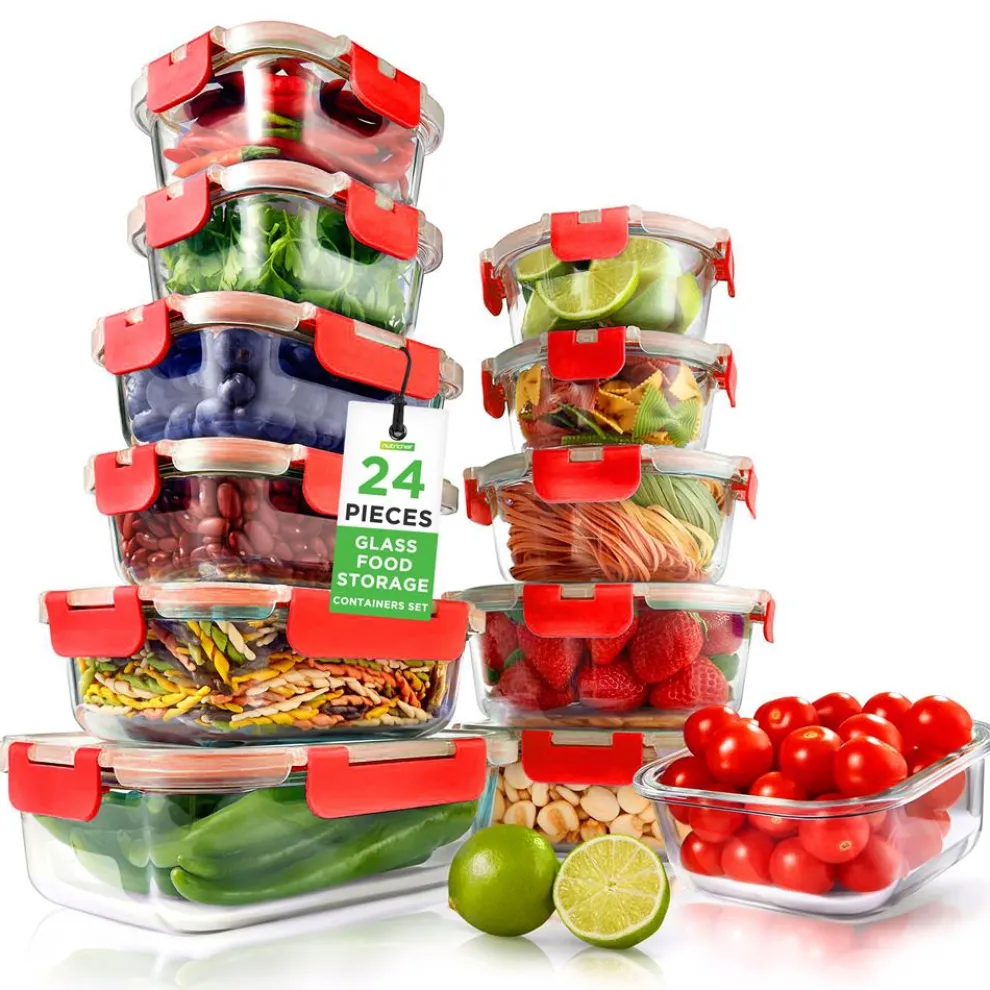 Glass Food Storage Set 24pc Airtight Leak-Proof Borosilicate Red