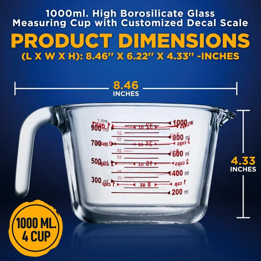 Glass Measuring Cup 1000ml Precise Pouring Borosilicate Heat-Resistant