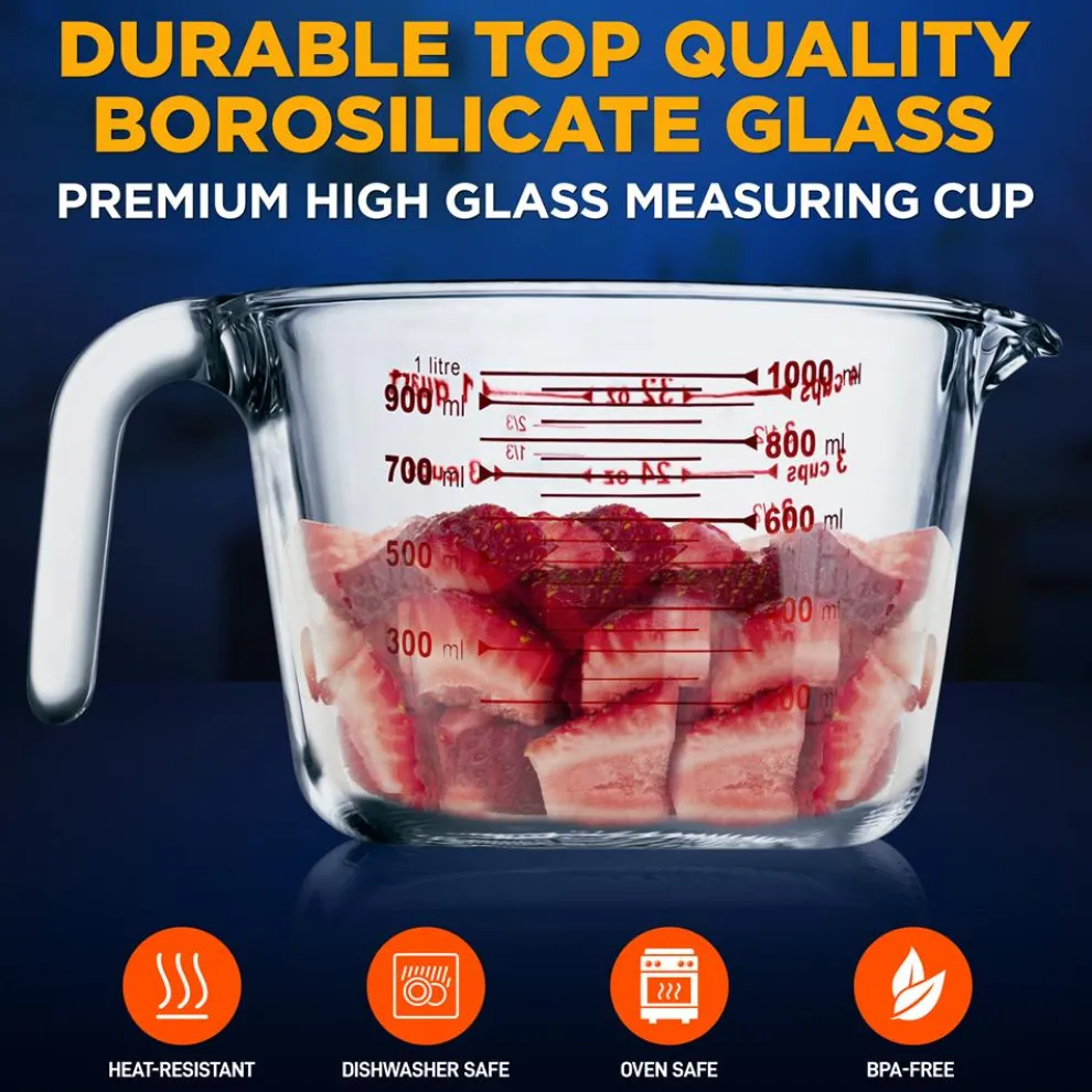 Glass Measuring Cup 1000ml Precise Pouring Borosilicate Heat-Resistant