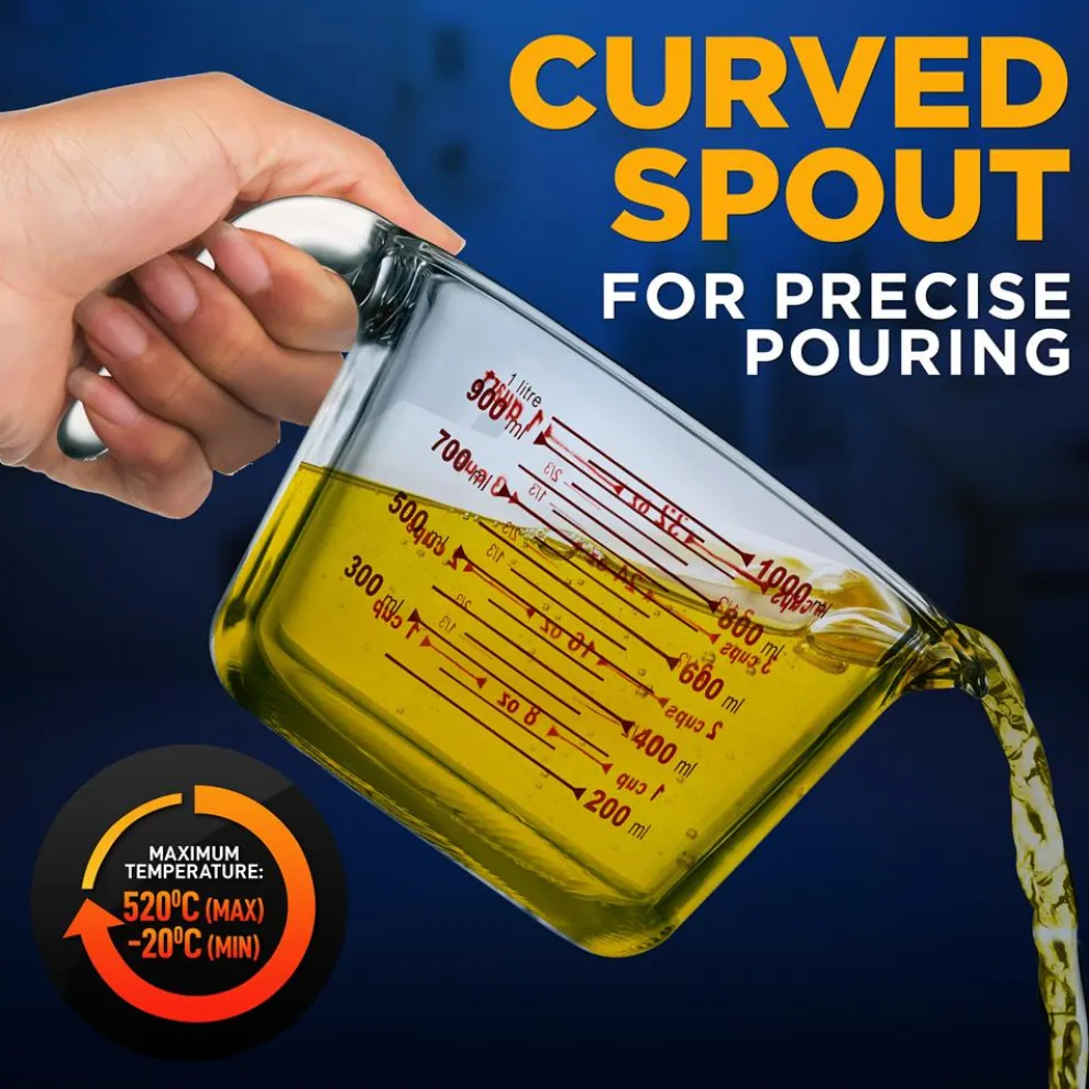 Glass Measuring Cup 1000ml Precise Pouring Borosilicate Heat-Resistant