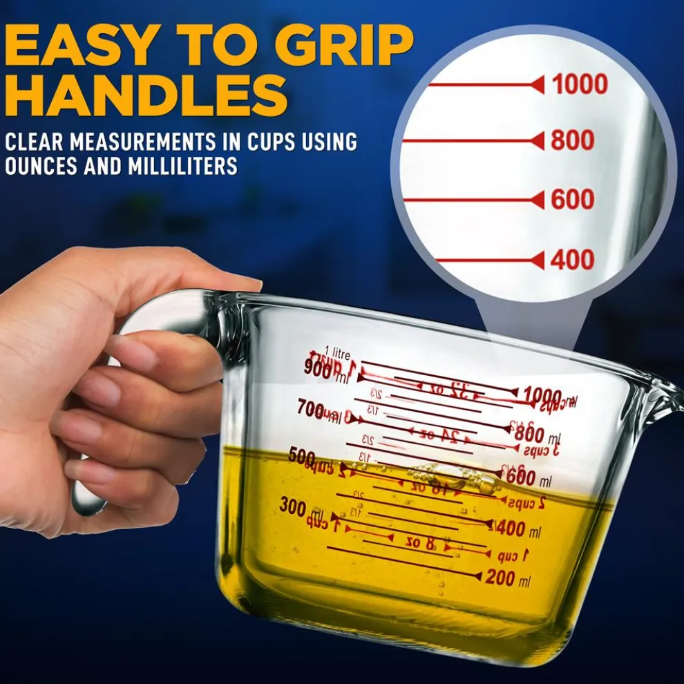 Glass Measuring Cup 1000ml Precise Pouring Borosilicate Heat-Resistant