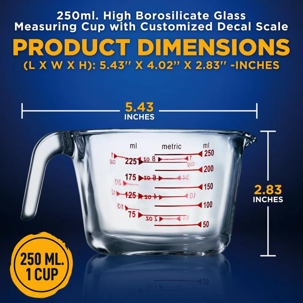 Glass Measuring Cup 250ml - Precise Pouring, Borosilicate, Clear