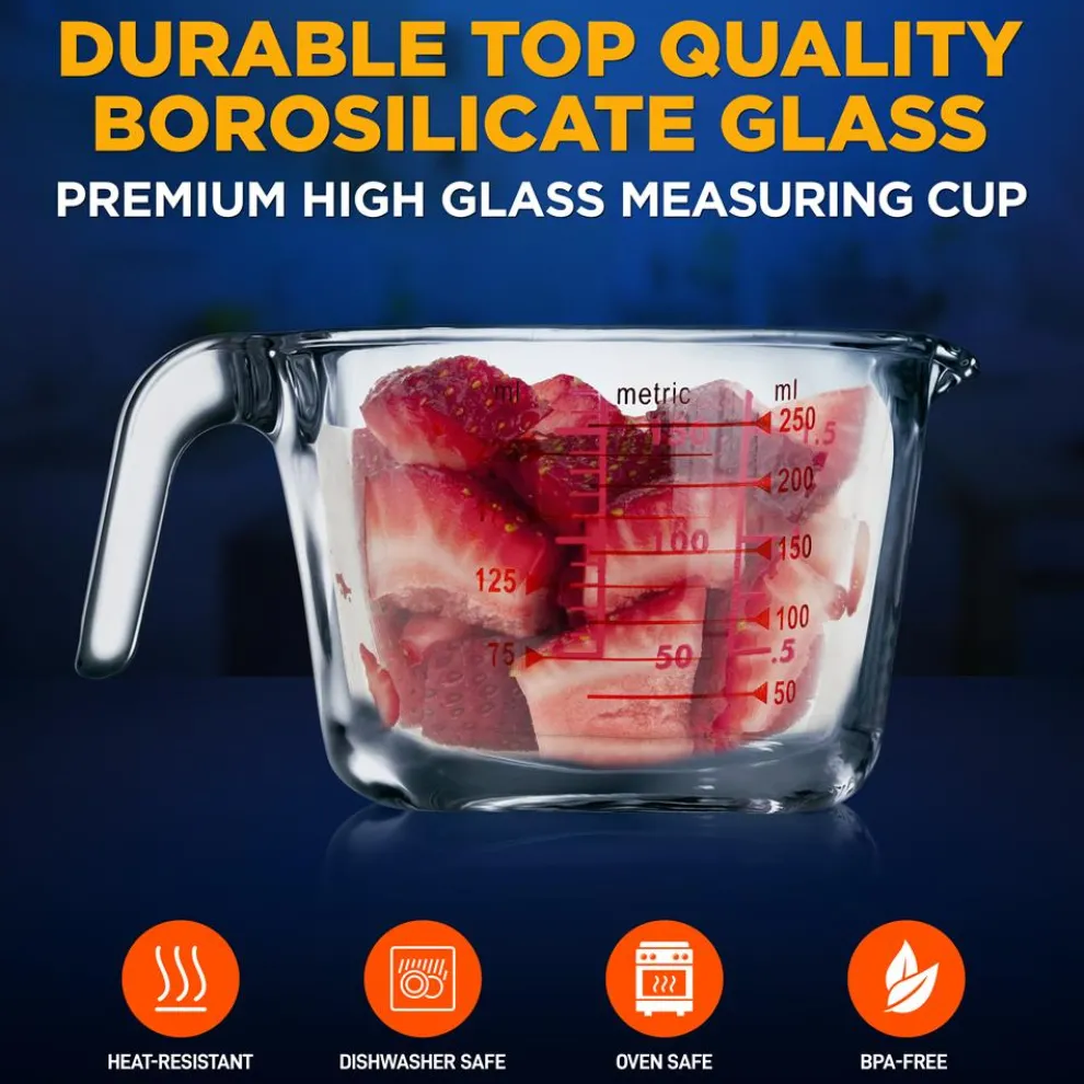 Glass Measuring Cup 250ml - Precise Pouring, Borosilicate, Clear