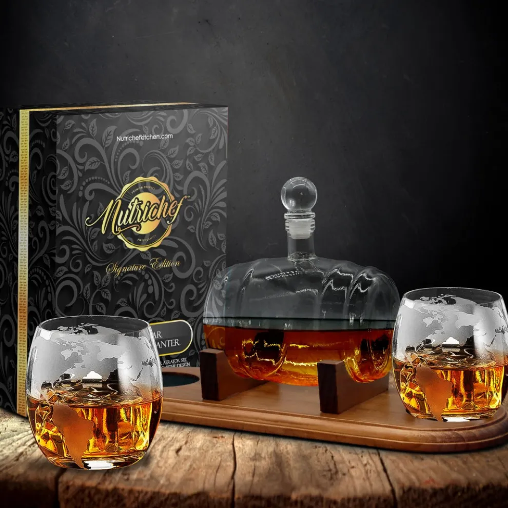Glass Whiskey Decanter Set - Enhances Flavor - 750ml Barrel Design