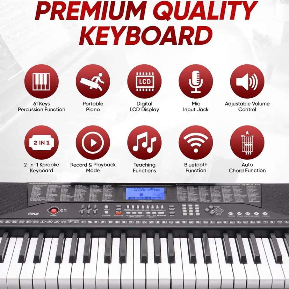 61-Key Electric Keyboard Piano, Portable Bluetooth, LCD Display