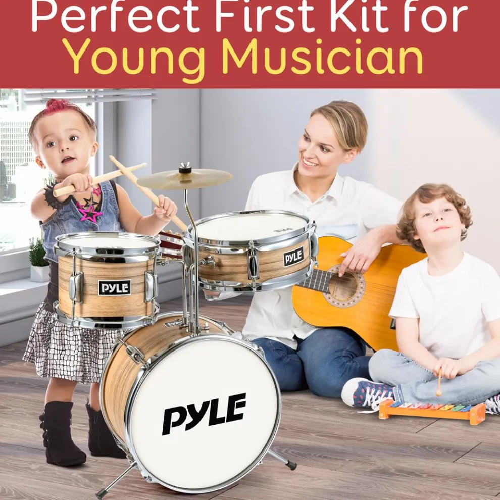 Kids Drum Set, Beginner-Friendly, Metallic Finish, Natural