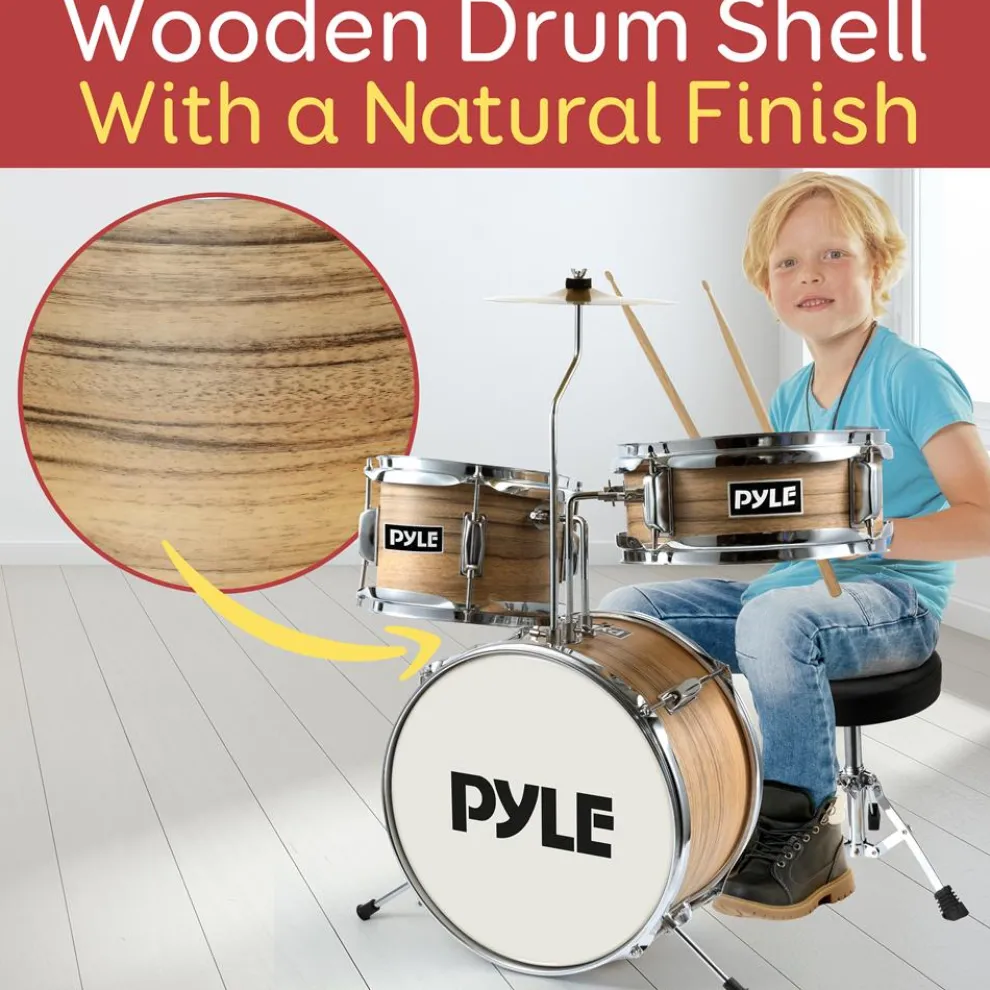 Kids Drum Set, Beginner-Friendly, Metallic Finish, Natural