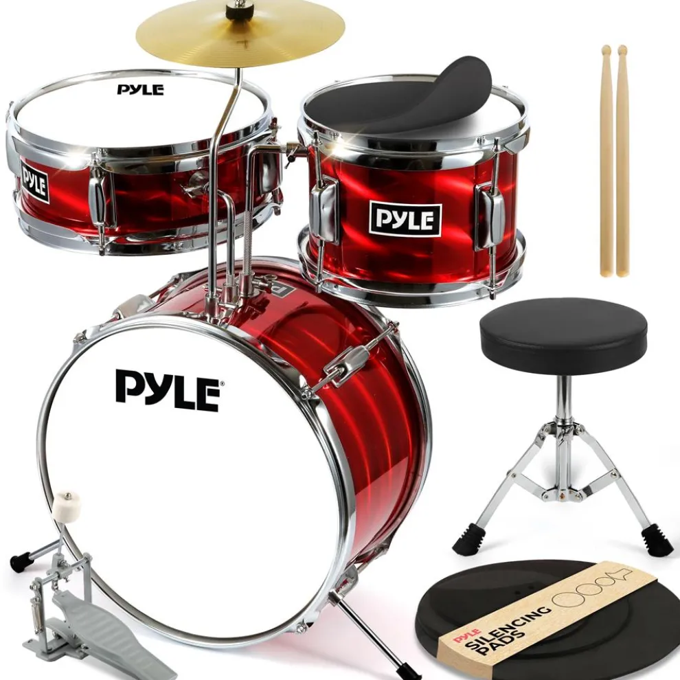 Kids Drum Set 3-Piece Beginner Kit, Metallic Finish, Adjustable Throne, Red