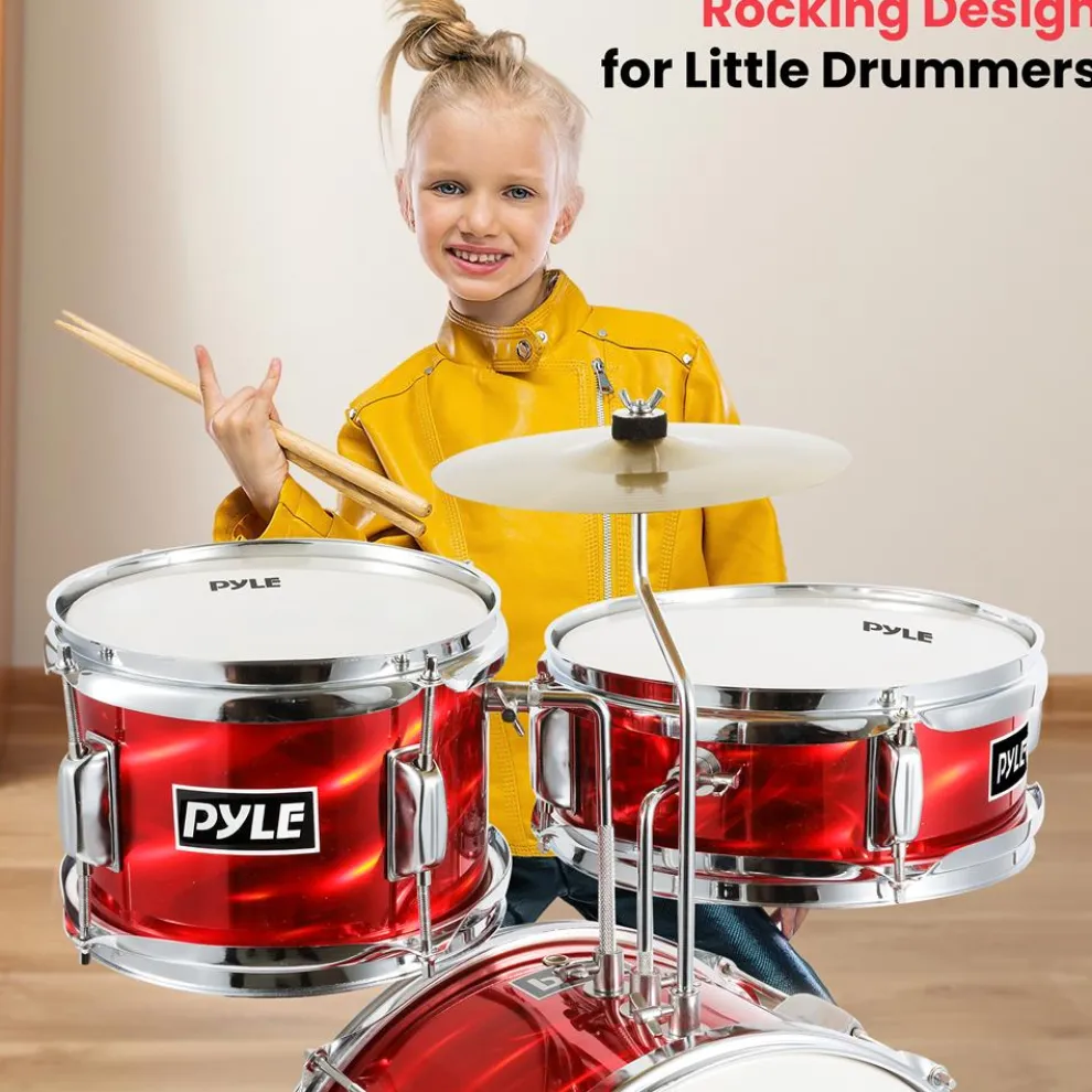 Kids Drum Set 3-Piece Beginner Kit, Metallic Finish, Adjustable Throne, Red
