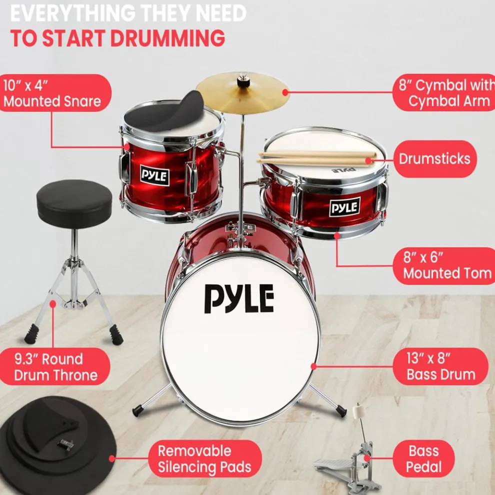 Kids Drum Set 3-Piece Beginner Kit, Metallic Finish, Adjustable Throne, Red