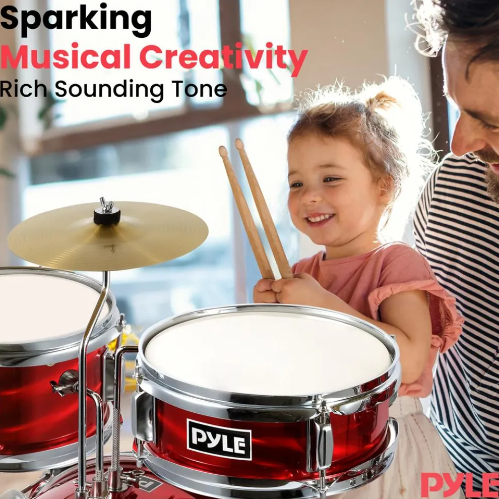 Kids Drum Set 3-Piece Beginner Kit, Metallic Finish, Adjustable Throne, Red