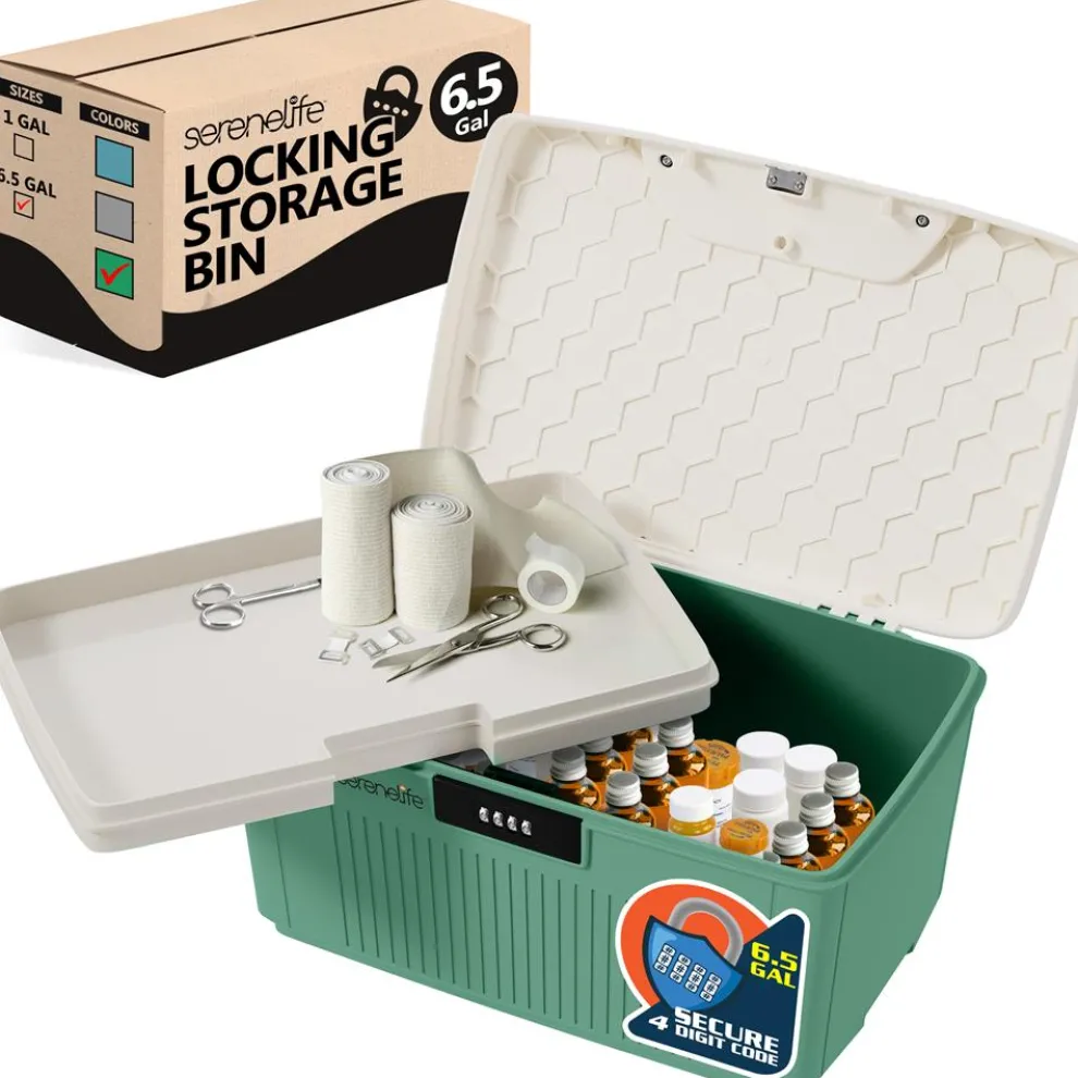 Lockable Storage Bin 6.5 Gal Capacity, Durable ABS, Green