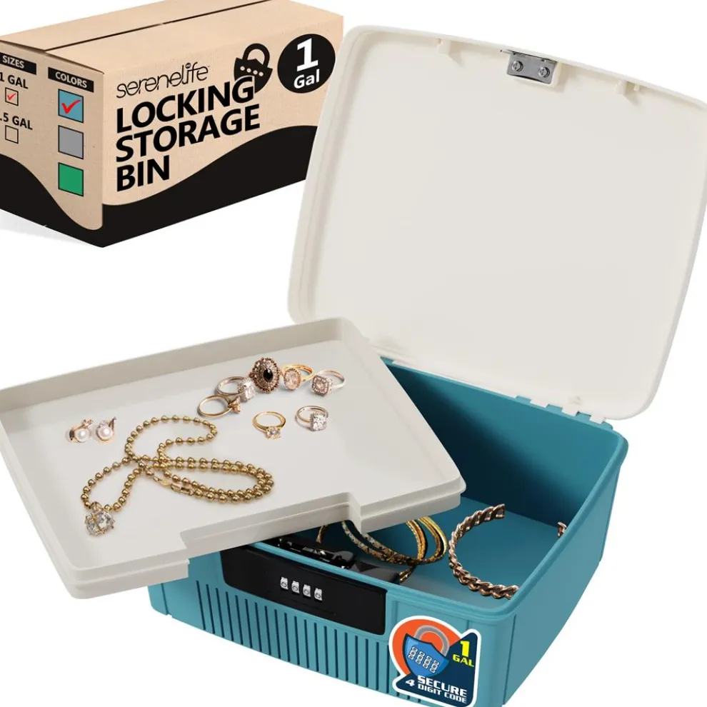 Lockable Storage Bin, Secure 4-Digit Lock, Durable ABS, Blue