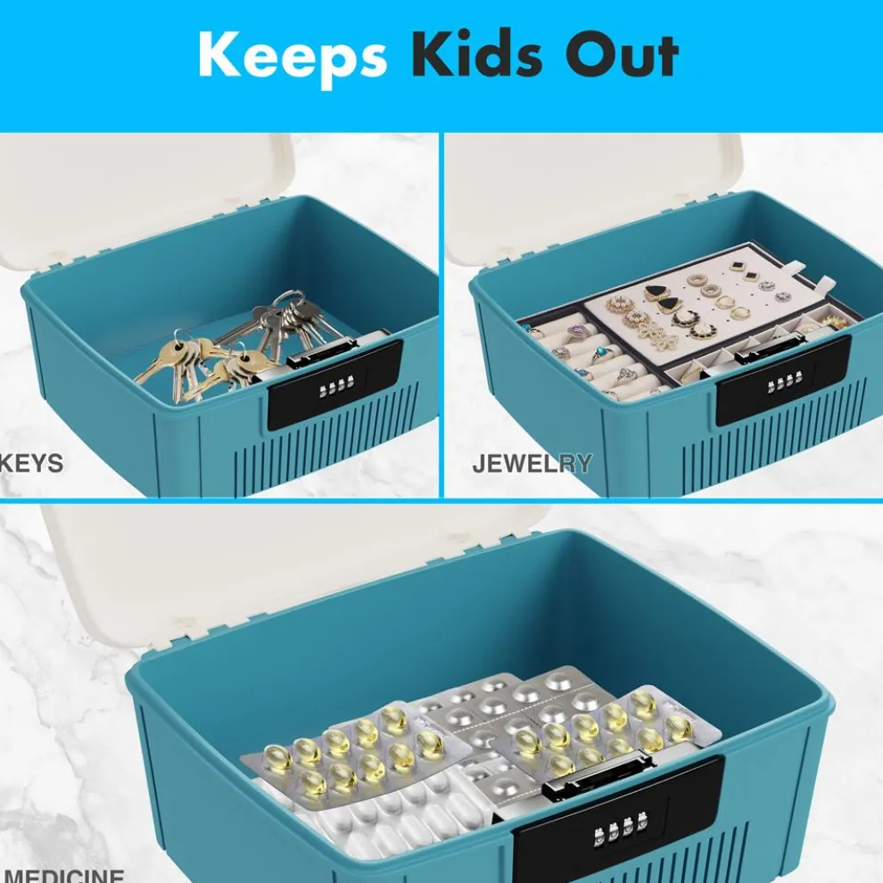 Lockable Storage Bin, Secure 4-Digit Lock, Durable ABS, Blue