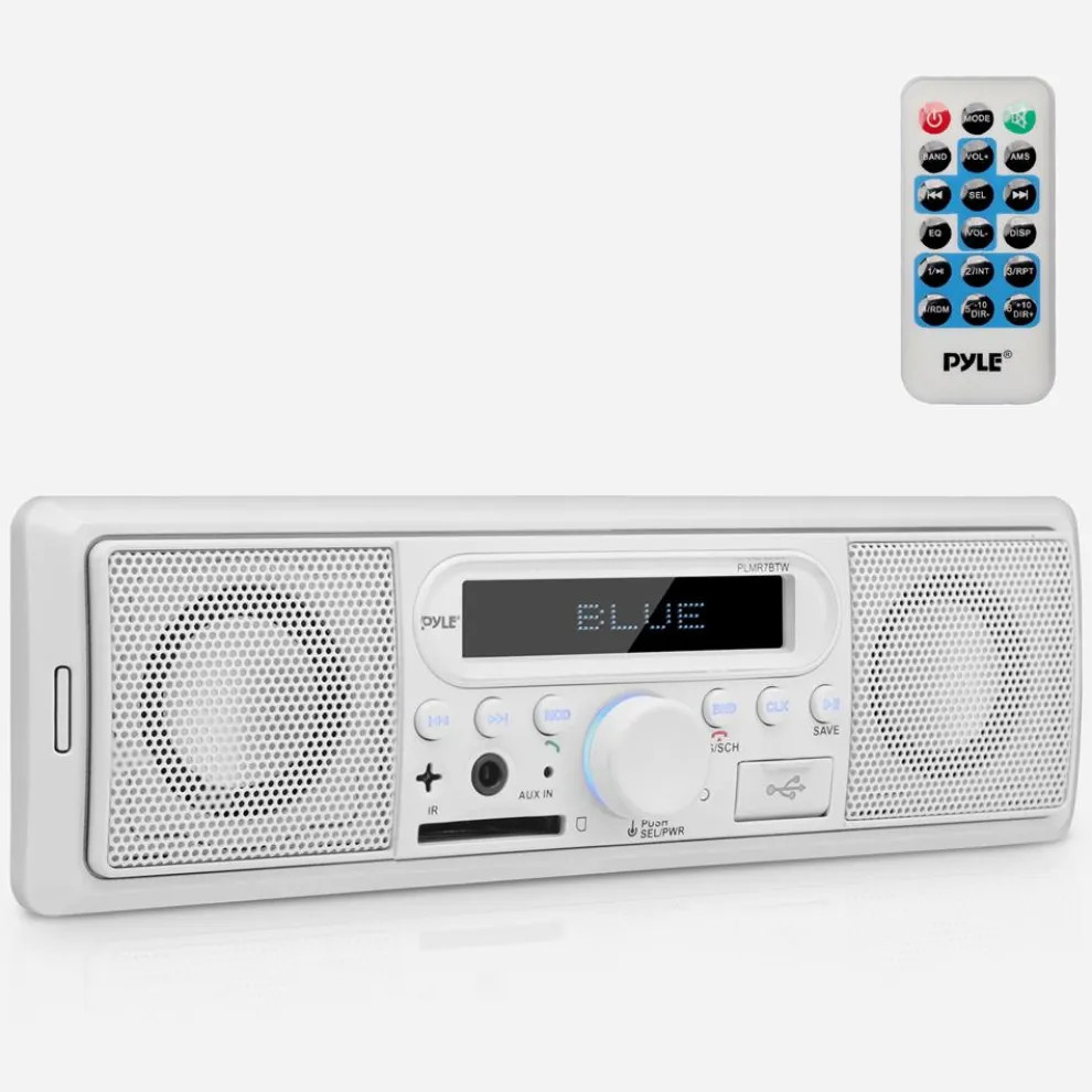 Marine Bluetooth Stereo Radio - Wireless Streaming, Built-in Mic, White