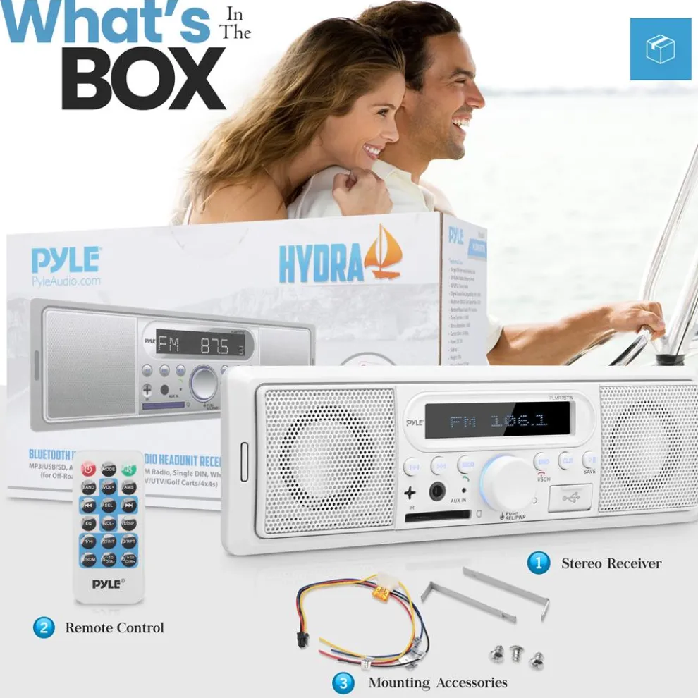 Marine Bluetooth Stereo Radio - Wireless Streaming, Built-in Mic, White