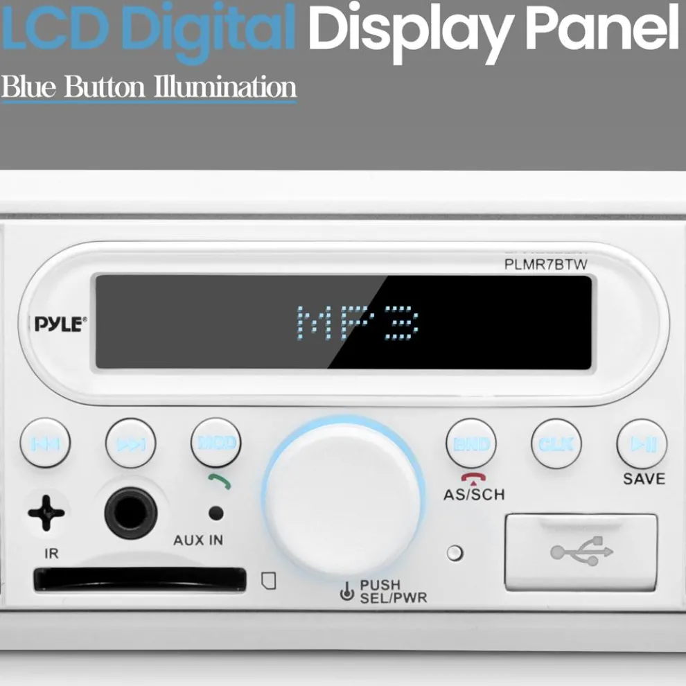 Marine Bluetooth Stereo Radio - Wireless Streaming, Built-in Mic, White