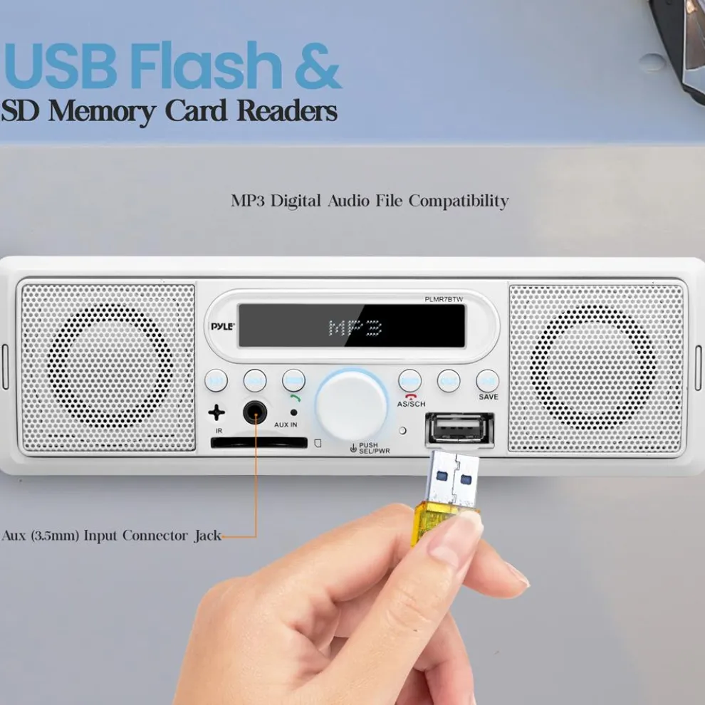 Marine Bluetooth Stereo Radio - Wireless Streaming, Built-in Mic, White