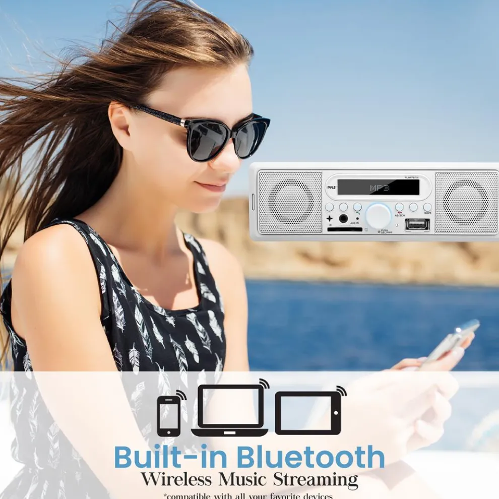 Marine Bluetooth Stereo Radio - Wireless Streaming, Built-in Mic, White