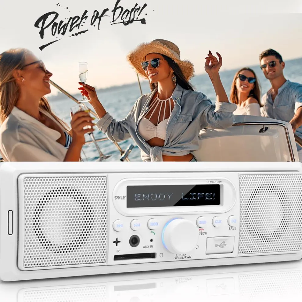 Marine Bluetooth Stereo Radio - Wireless Streaming, Built-in Mic, White