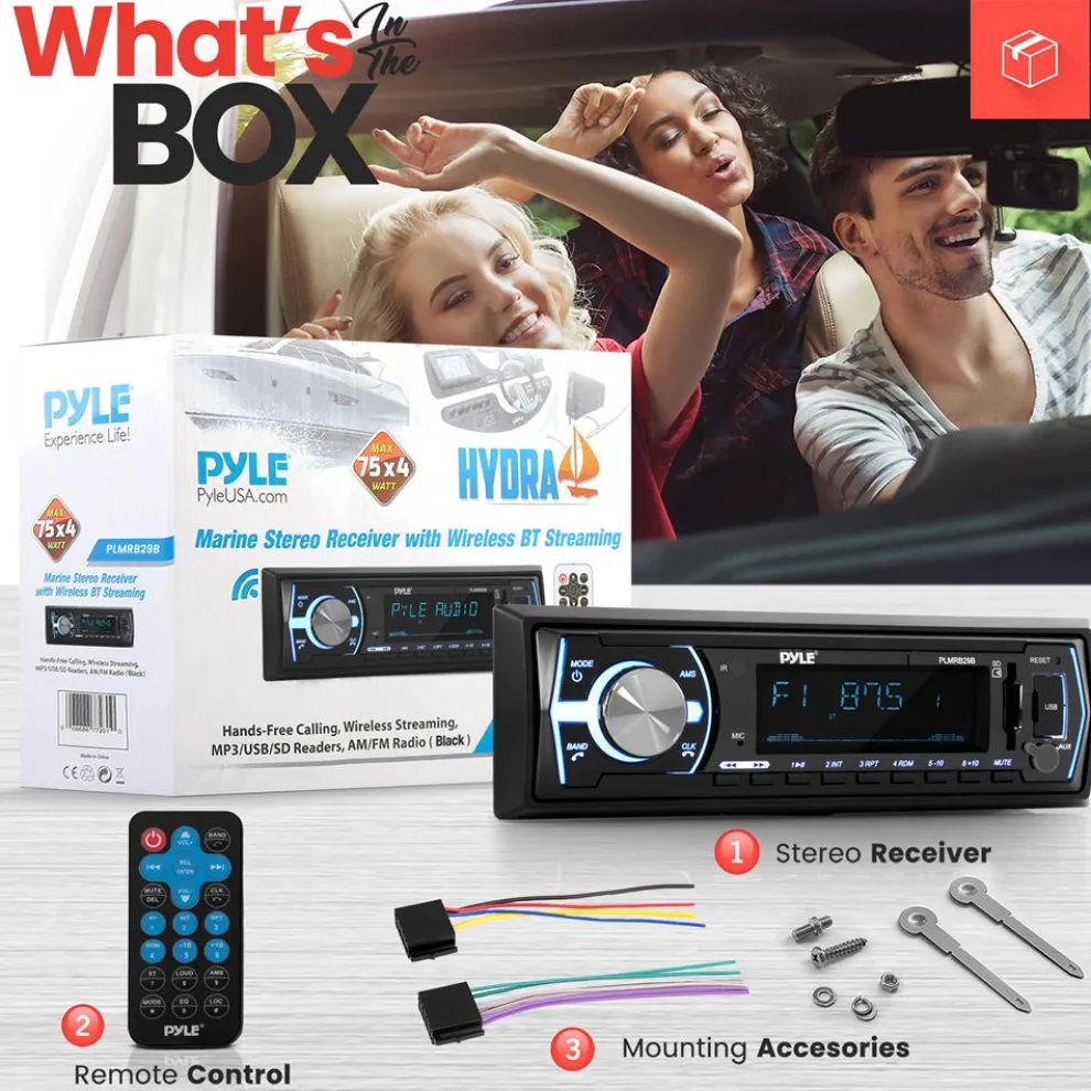 Marine Bluetooth Stereo Receiver - Hands-Free Calls, USB/SD, Single DIN