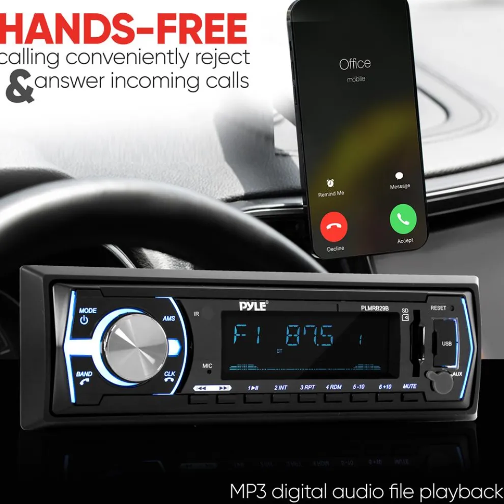 Marine Bluetooth Stereo Receiver - Hands-Free Calls, USB/SD, Single DIN