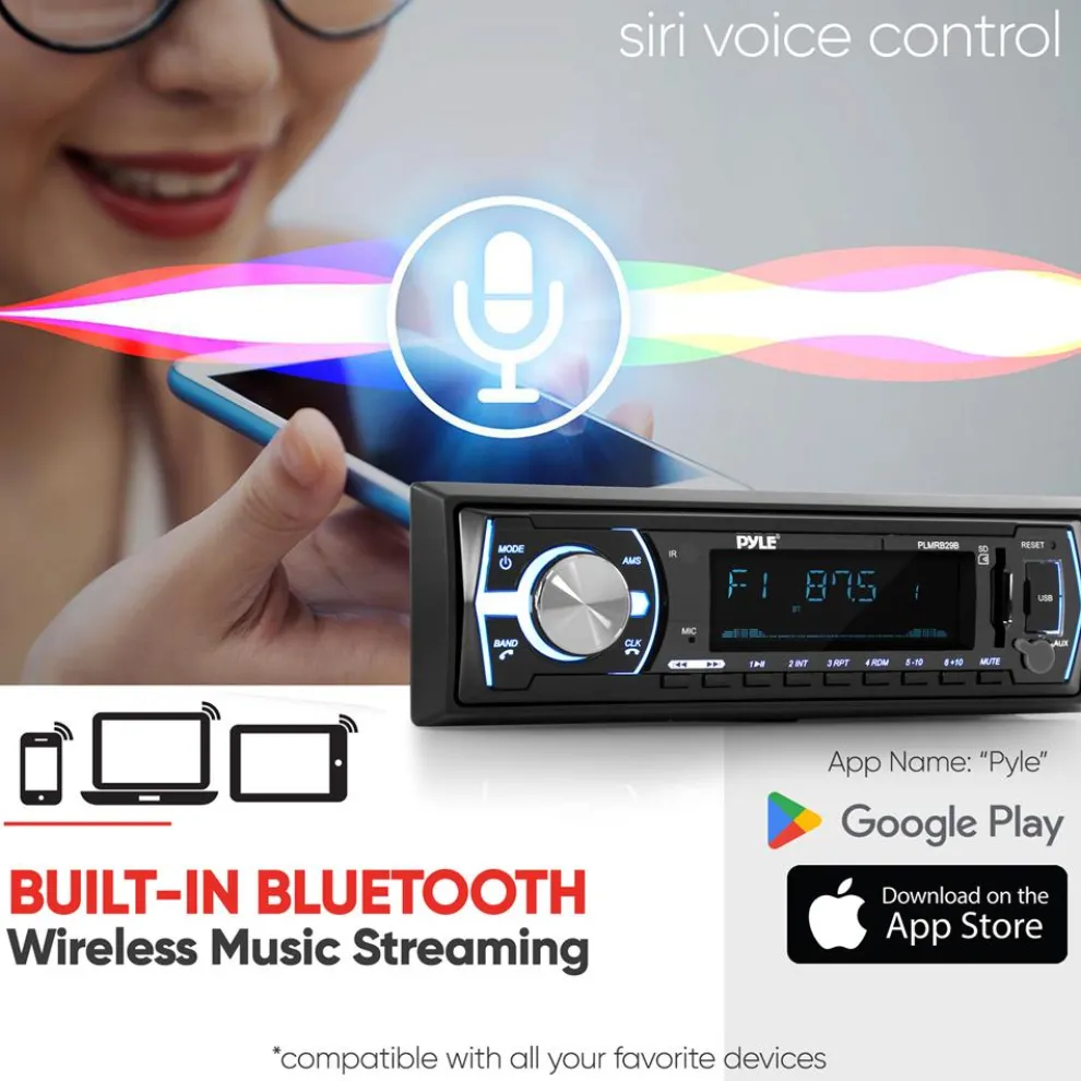 Marine Bluetooth Stereo Receiver - Hands-Free Calls, USB/SD, Single DIN