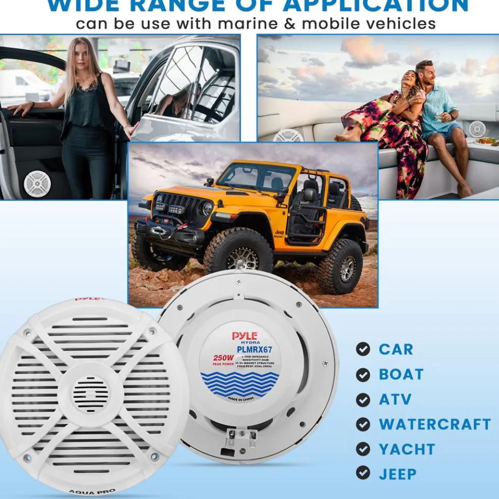 Marine Speakers 250W Water Resistant 2-Way Stereo White