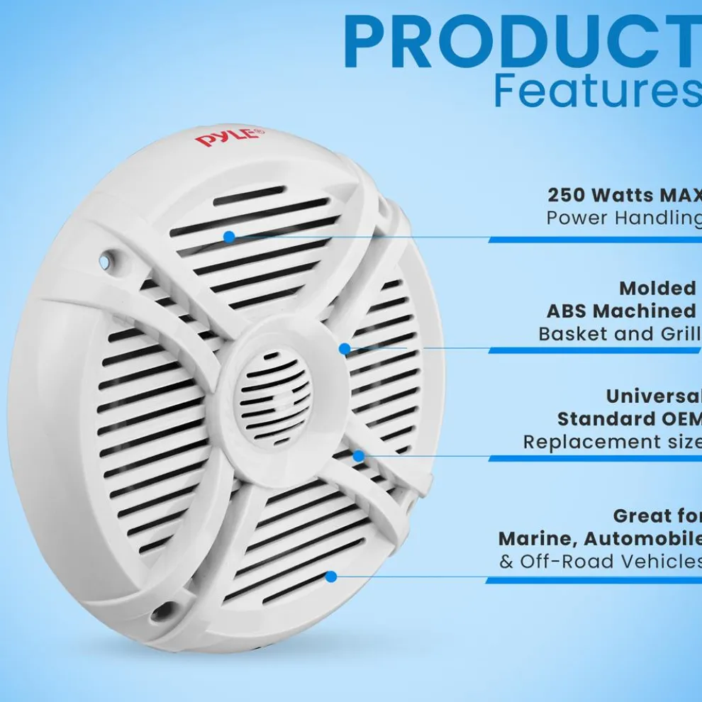Marine Speakers 250W Water Resistant 2-Way Stereo White