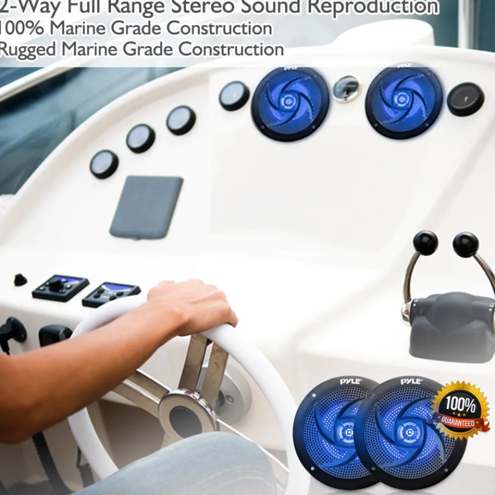 Marine Speakers 180W Waterproof LED Lights Slim Design Blue