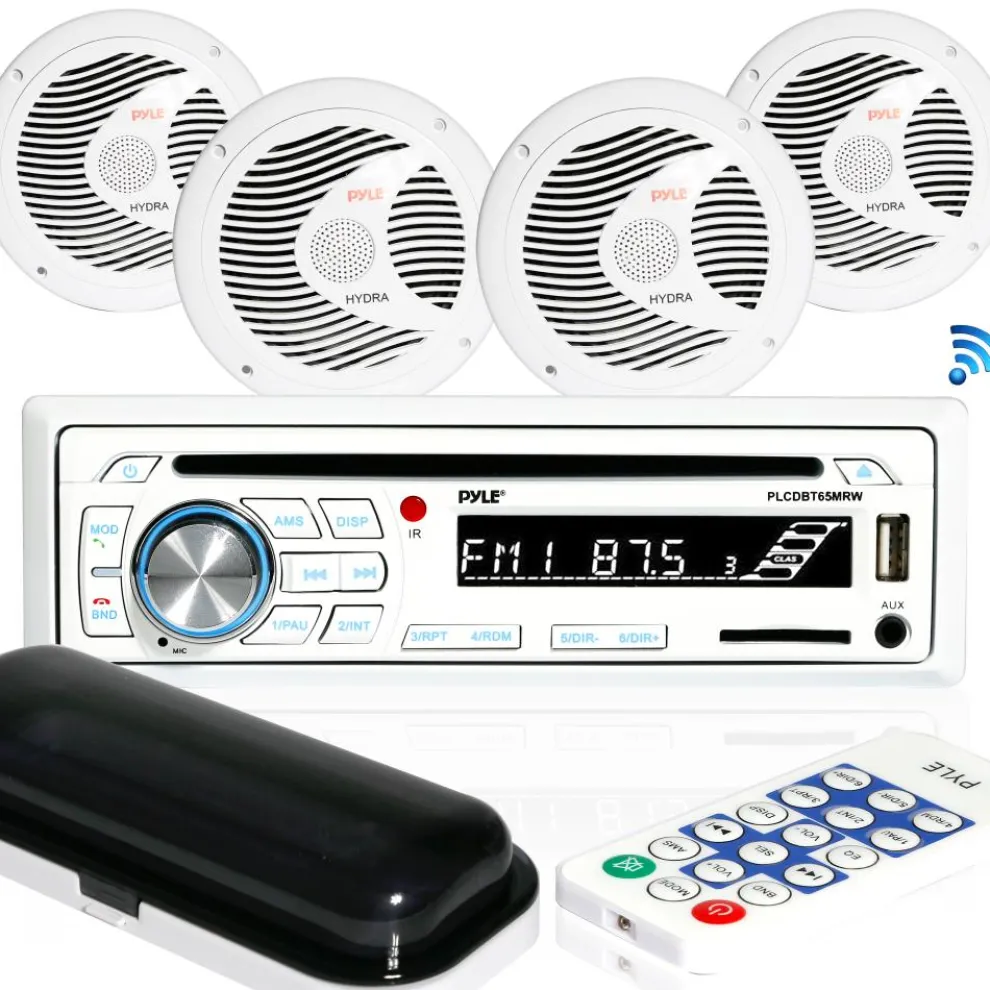 Marine Stereo Kit, Hands-Free Bluetooth, 4 Waterproof Speakers, White
