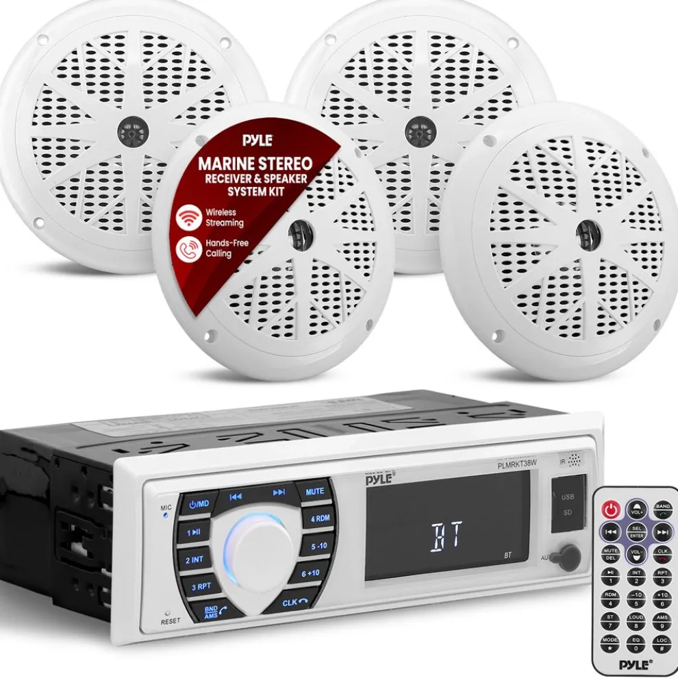 Marine Stereo Receiver Kit Waterproof Bluetooth 4 Speakers White