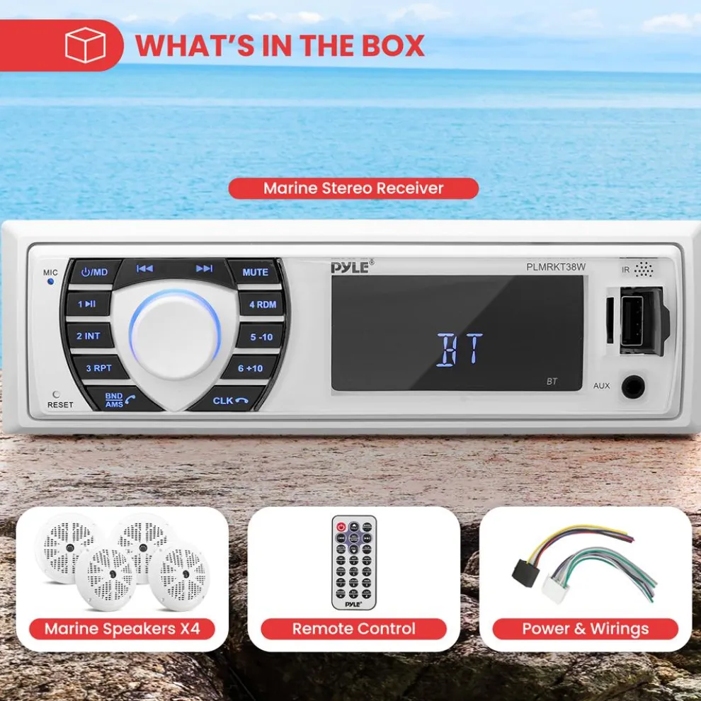 Marine Stereo Receiver Kit Waterproof Bluetooth 4 Speakers White