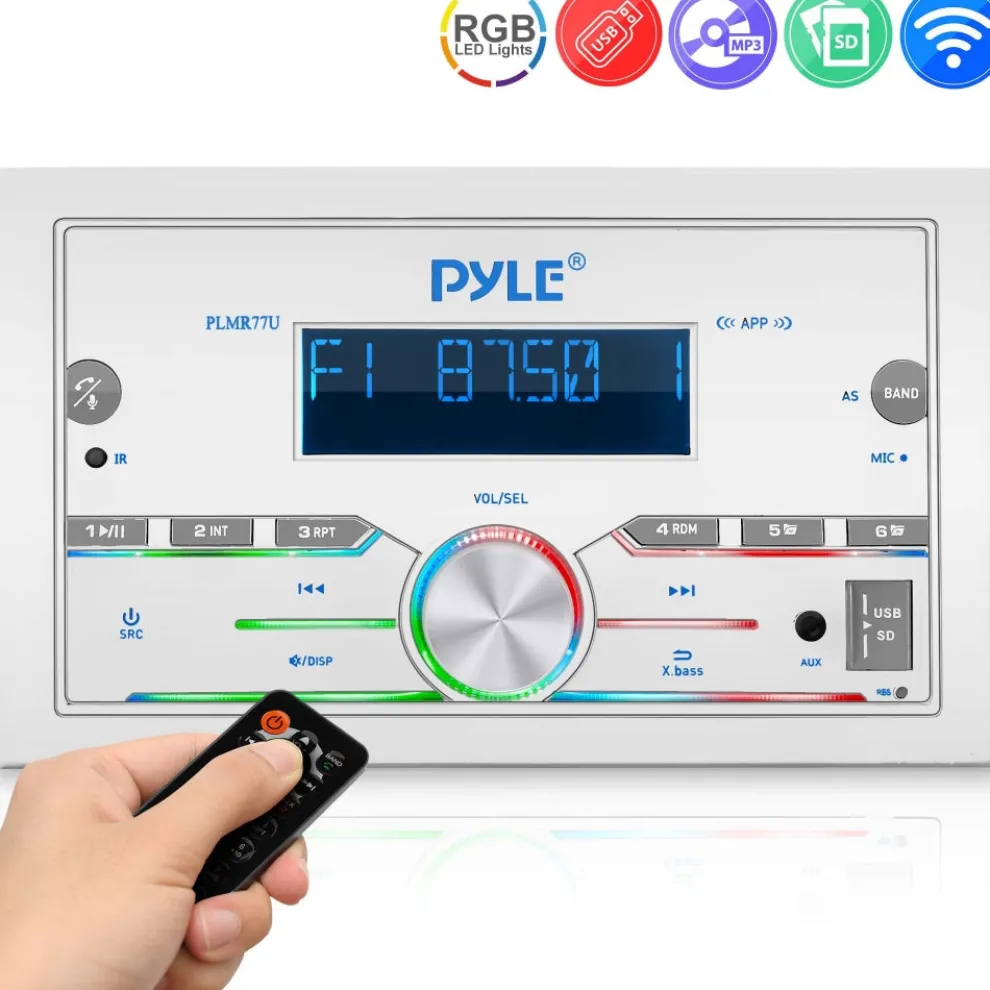 Marine Stereo 300W Bluetooth Double DIN LCD Display White