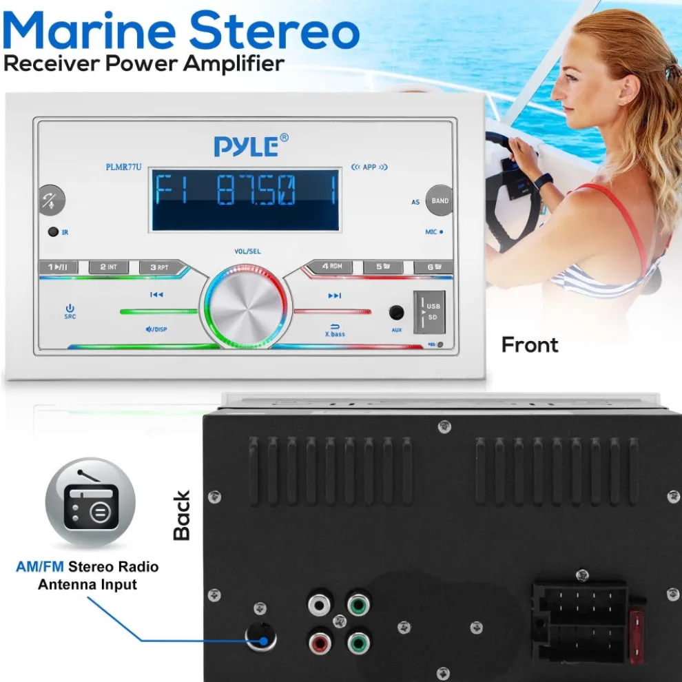 Marine Stereo 300W Bluetooth Double DIN LCD Display White