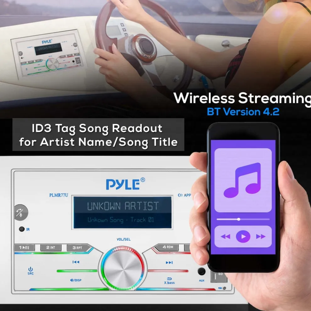 Marine Stereo 300W Bluetooth Double DIN LCD Display White