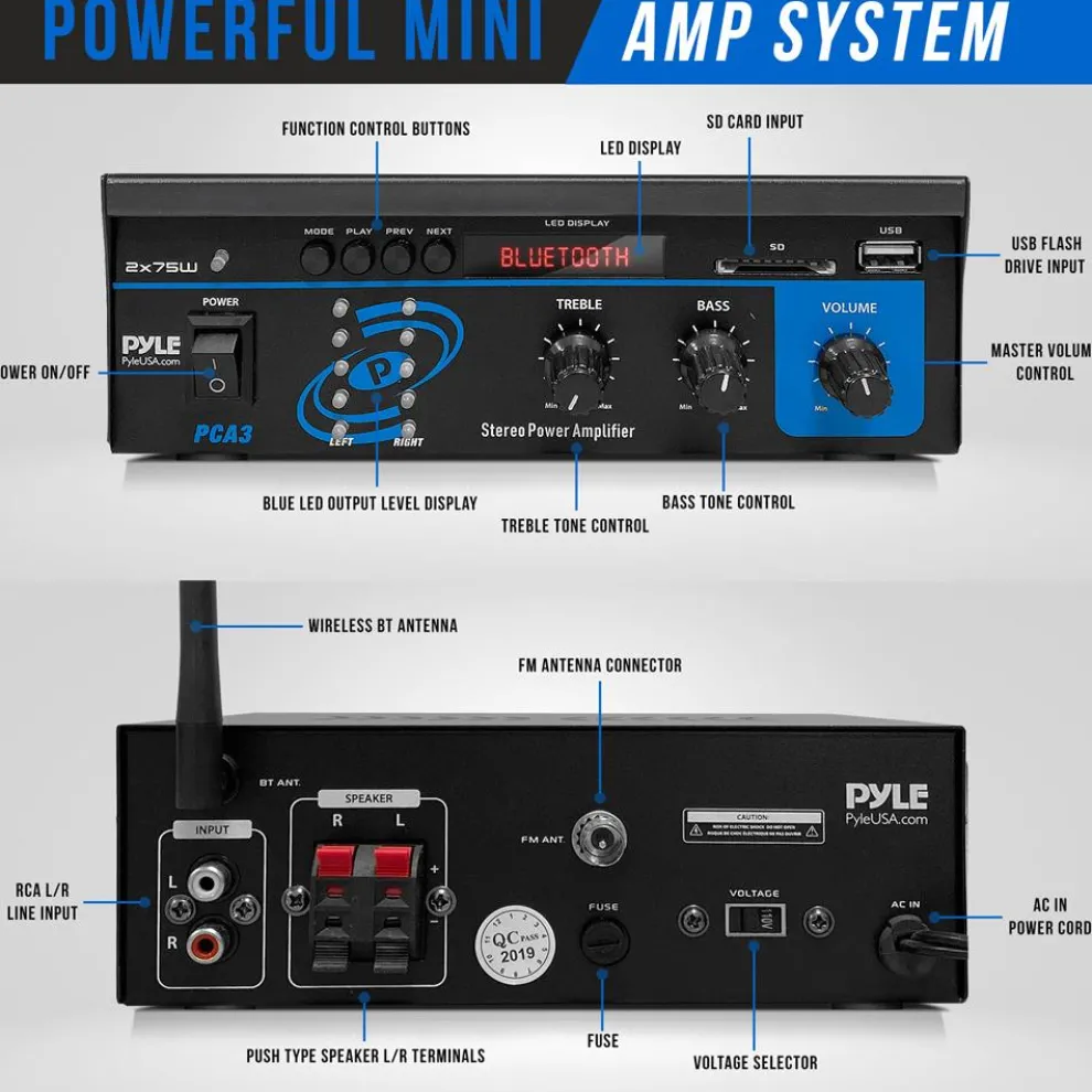 Mini Bluetooth Stereo Amplifier - 150W Power, RCA Input, Blue LED Display